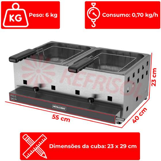 Fritadeira a Gás Alta Pressão 2 Cuba 6 Litros FRCG 6 Inox Metalcubas
