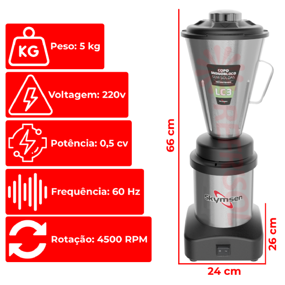 Liquidificador Comercial 03 Litros LC 03 Baixa Rotação 220v Skymsen