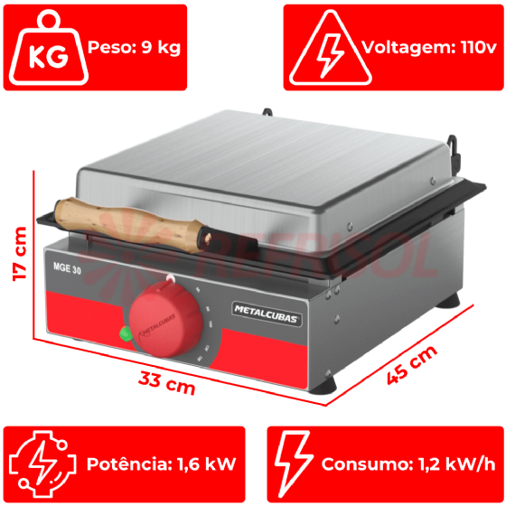 Grill Elétrico 30 cm Com Prensa MGE 30 110v Metalcubas
