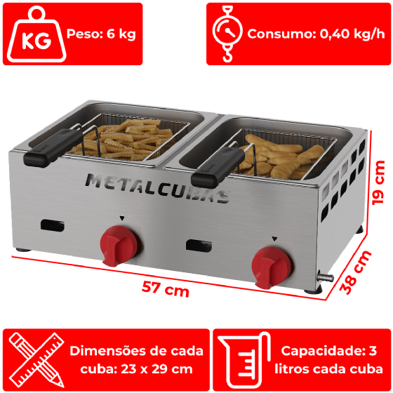 Fritadeira a Gás Baixa Pressão 2 Cubas 3 Litros FRCG 6 Inox Metalcubas