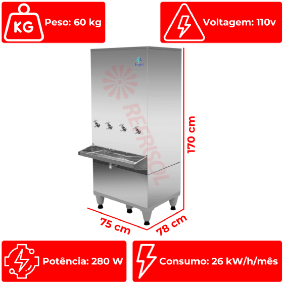 Bebedouro Industrial de Coluna 3 Geladas 1 Natural Inox 200 Litros 110v Frisbel