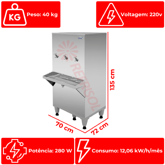 Bebedouro Industrial de Coluna 3 Geladas Inox 100 Litros 220v Frisbel