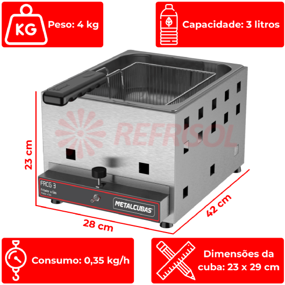 Fritadeira a Gás Alta Pressão 1 Cuba 3 Litros FRCG 3 Inox Metalcubas