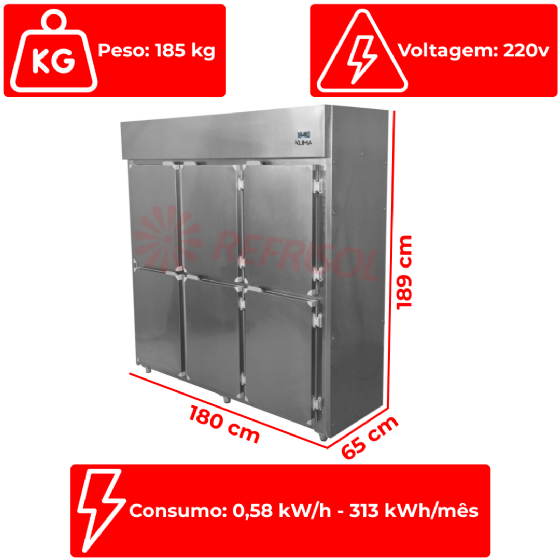 Refrigerador Vertical Industrial 6 Portas Inox Klima 220V - Alta Capacidade