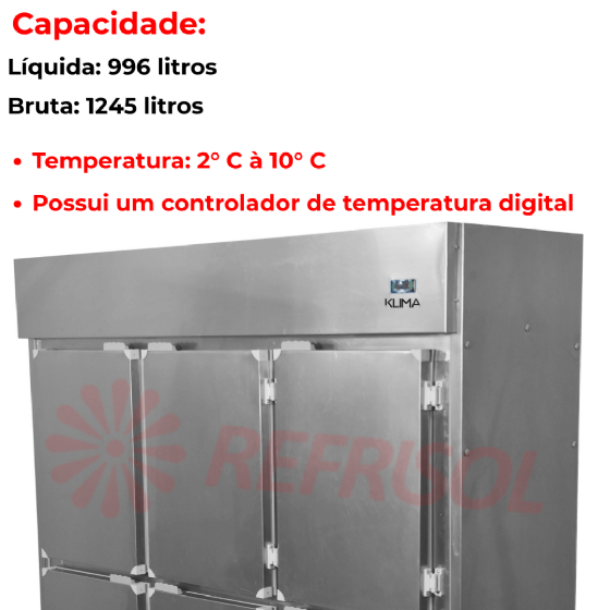 Refrigerador Vertical Industrial 6 Portas Inox Klima 220V - Alta Capacidade