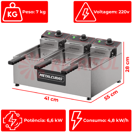 Fritadeira Elétrica industrial - 3 Cubas de 3 Litros FE 3 C 220v Metalcubas