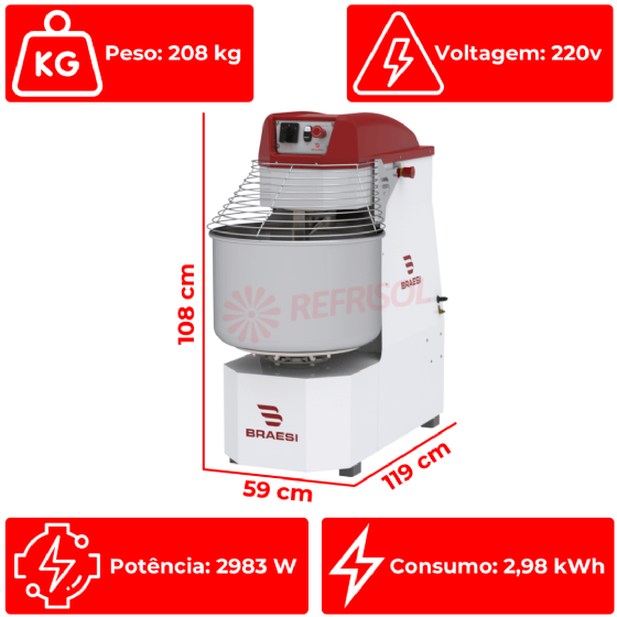 Amassadeira Espiral 60 kg AES-60/1 G3 220v Trifásico Braesi
