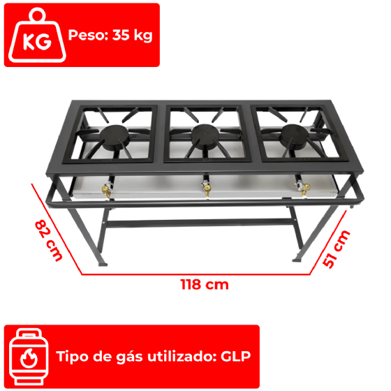 Fogão Industrial 3 Bocas Simples Alta Pressão Metal Brey