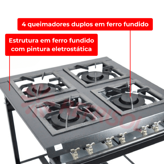 Fogão Industrial 4 Bocas Duplas Chama Tripla ACF-3304 Baixa Pressão Araceba