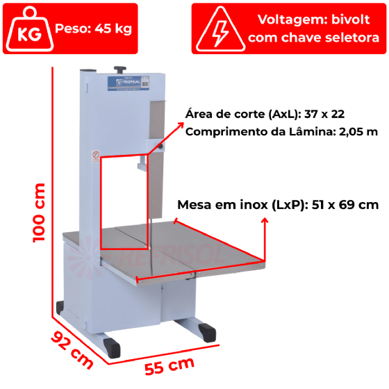 Serra Fita Lâmina Master 2,05 m Mesa Móvel com Moedor e Extrusor TK608 Bivolt Tropikal
