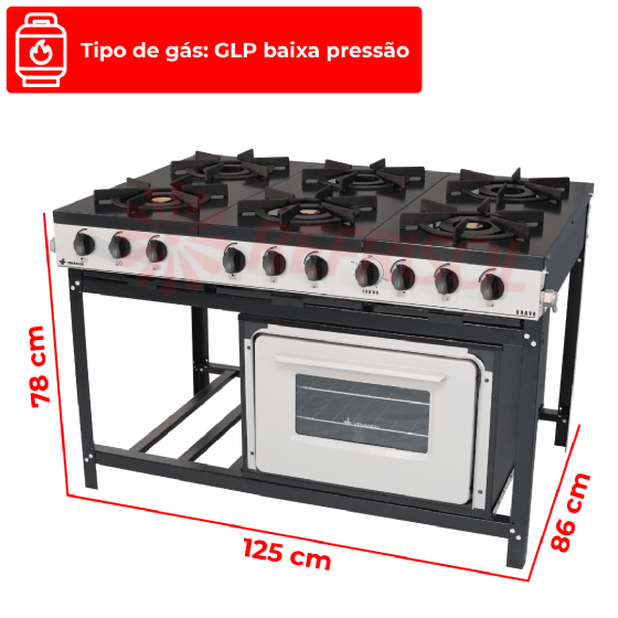 Fogão Industrial 6 Bocas Baixa Pressão Com Forno Bravo Grafite Venâncio