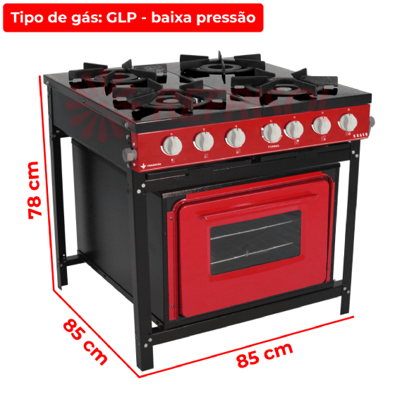 Fogão Industrial 4 Bocas Baixa Pressão Com Forno Bravo Vermelho Venâncio