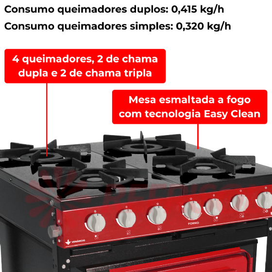 Fogão Industrial 4 Bocas Baixa Pressão Com Forno Bravo Vermelho Venâncio