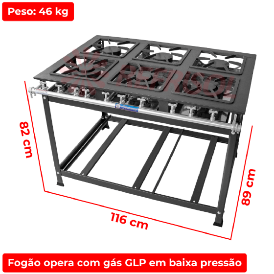 Fogão Industrial 6 Bocas 3 Simples 3 Duplas 30 x 30 Baixa Pressão Tradicional P7 MR Fogões