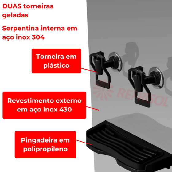 Bebedouro Industrial de Coluna 2 Torneiras Geladas Inox 25 Litros 220v Office Frisbel