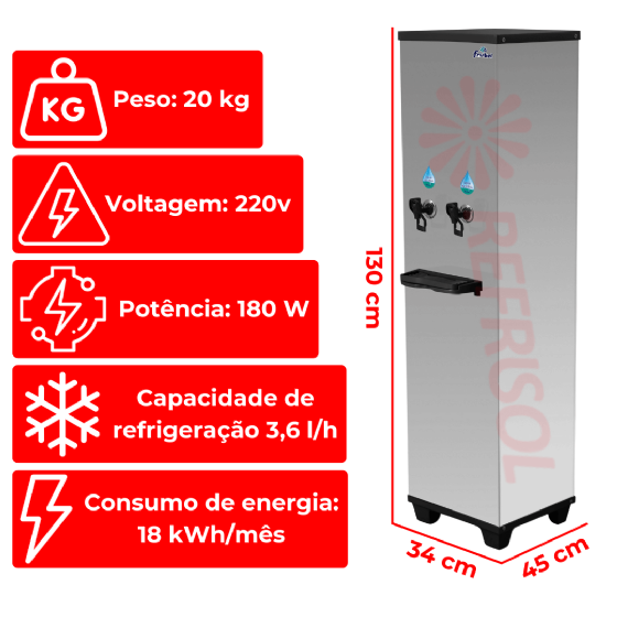 Bebedouro Industrial de Coluna 2 Torneiras Geladas Inox 25 Litros 220v Office Frisbel