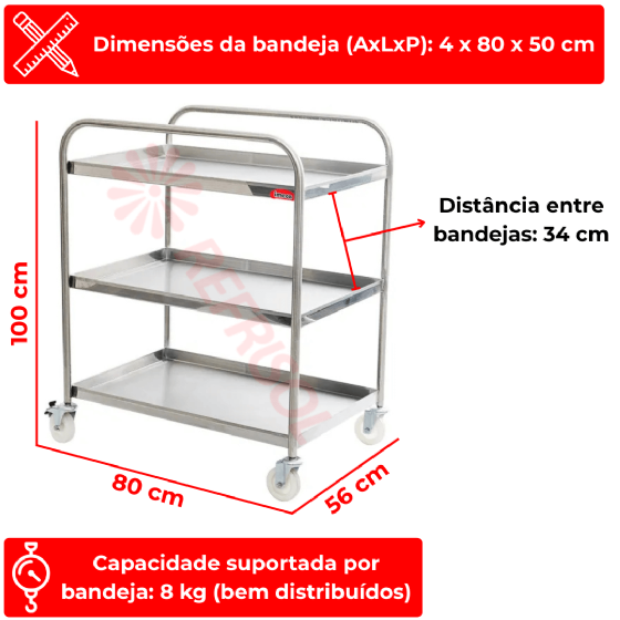 Carrinho de Serviço 03 Bandejas 80 x 50 x 4 cm Inox Imeca