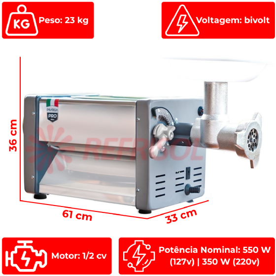 Cilindro Moedor e Extrusor Prática PRO 30cm com Cortador de Talharim Bivolt Hidro
