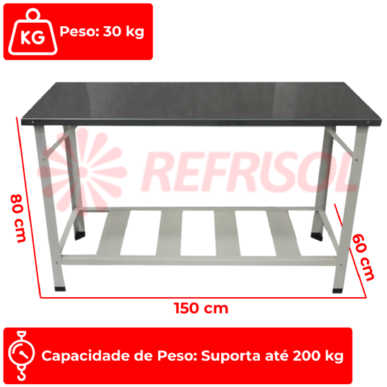 Mesa de Trabalho 150 x 60 Inox 430 Desmontável Metal Brey