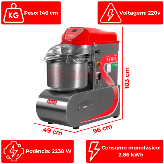 Amassadeira Espiral 2 Velocidades Inox 25 kg AE 25 G2 Monofásico 220v G Paniz