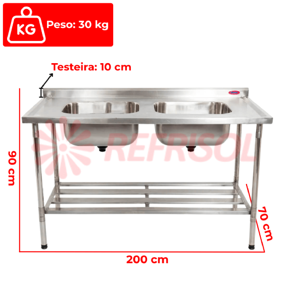 Mesa Pia 200 x 70 com 2 Cubas 50 x 40 x 25 Total Inox 430 Imeca