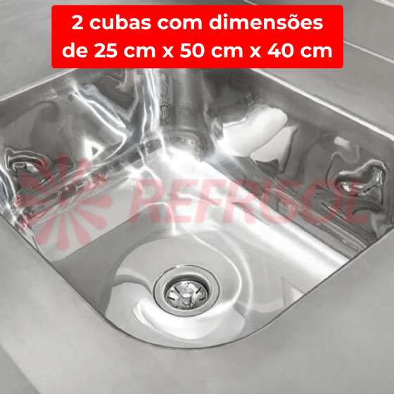 Mesa Pia 200 x 70 com 2 Cubas 50 x 40 x 25 Total Inox 430 Imeca