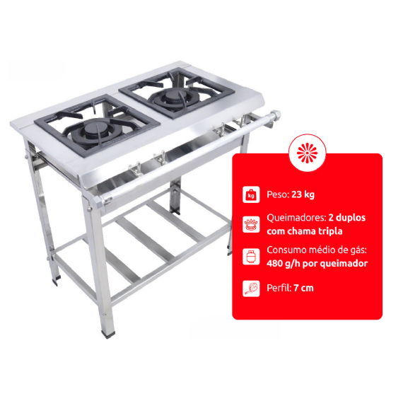 Fogão Industrial 2 Bocas Duplas Chama Tripla Baixa Pressão 30x30 P7 Araceba