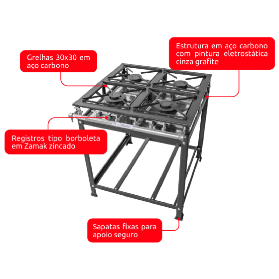 Fogão Industrial 4 Bocas 2 Simples 2 Duplas Baixa Pressão Standard 30x30 P5 MR Fogões