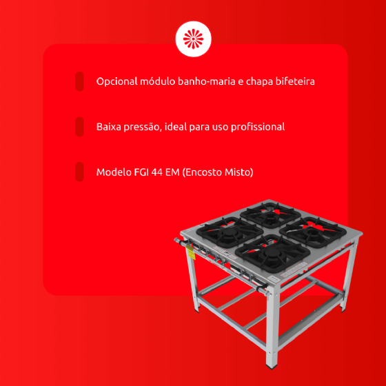 Fogão Industrial 4 Bocas Encosto Misto Inox FGI 44 EM Gastromaq