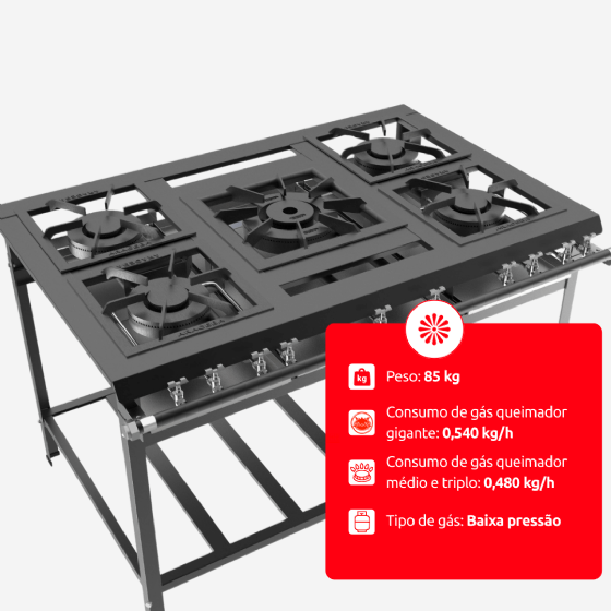 Fogão Industrial 5 Bocas Aço Carbono ACF-3305 Baixa Pressão P7 Araceba