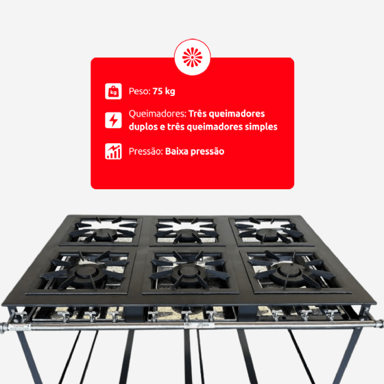 Fogão Industrial 6 Bocas 3 Simples 3 Duplas Baixa Pressão Luxo 40 x 40 P8 MR Fogões