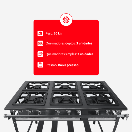 Fogão Industrial 6 Bocas 3 Simples 3 Duplas Baixa Pressão Metal Brey