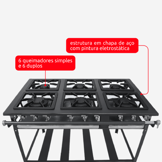 Fogão Industrial 6 Bocas 3 Simples 3 Duplas Baixa Pressão Metal Brey