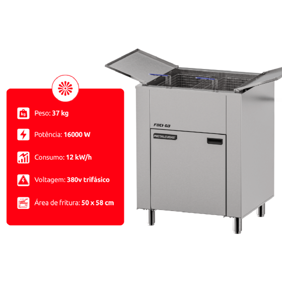 Fritadeira Elétrica 3 Cestos 60 Litros Zona Fria de Óleo FOEI 60 Trifásico 380v Metalcubas