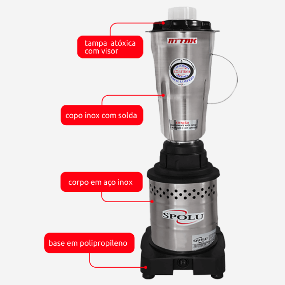 Liquidificador Industrial 1,75 Litros Alta Rotação Attak SPL 038 Spolu