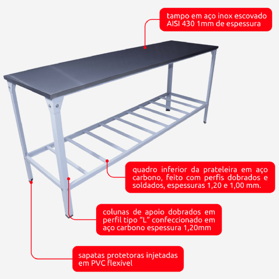 Mesa de Trabalho Inox 430 1,90 x 0,70 Innal