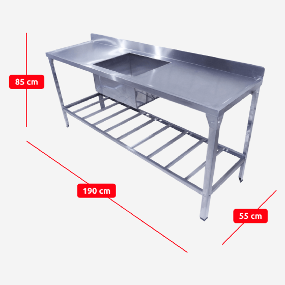 Mesa Pia 190 x 55 com 1 Cuba Linha Leve Total Inox 430 Innal