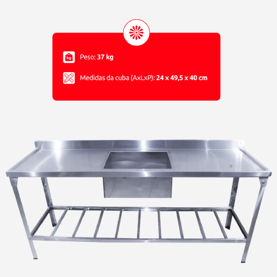 Mesa Pia 190 x 55 com 1 Cuba Linha Leve Total Inox 430 Innal