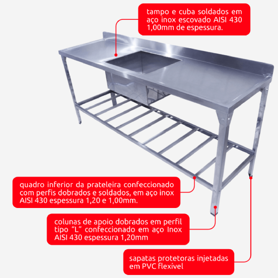 Mesa Pia 190 x 55 com 1 Cuba Linha Leve Total Inox 430 Innal