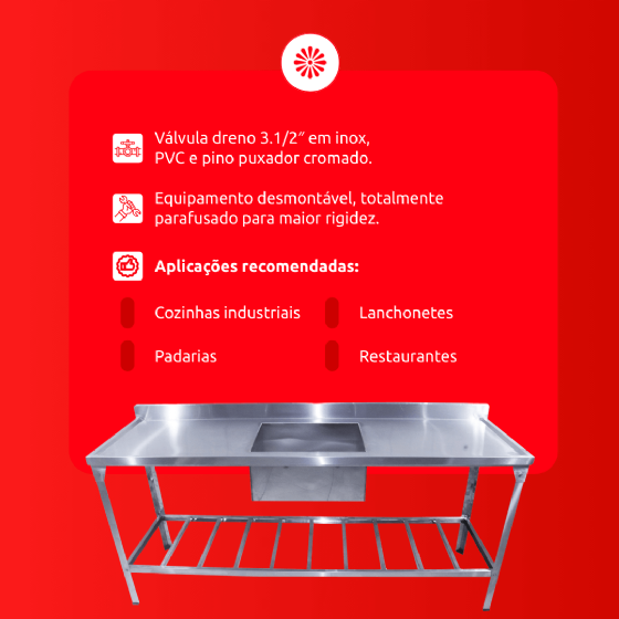 Mesa Pia 190 x 55 com 1 Cuba Linha Leve Total Inox 430 Innal