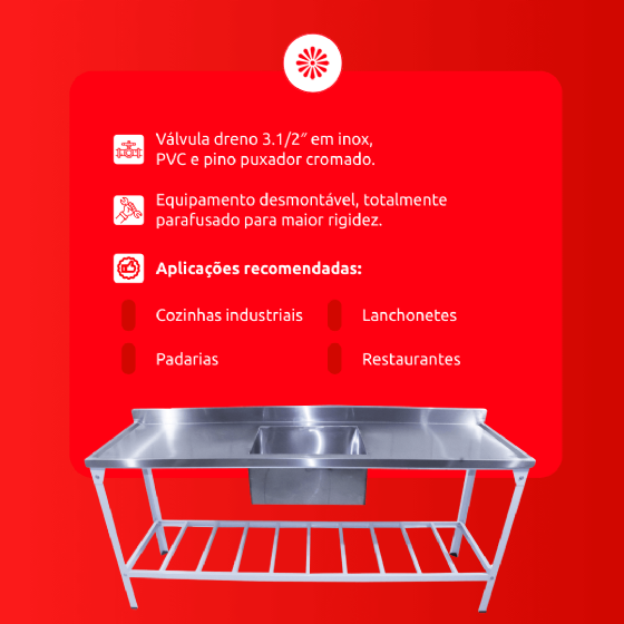 Mesa Pia 190 x 70 com 1 Cuba Inox 430 Innal
