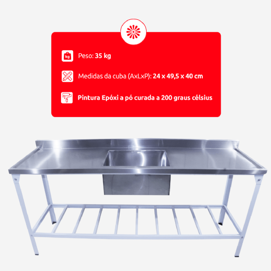 Mesa Pia 190 x 70 com 1 Cuba Inox 430 Innal