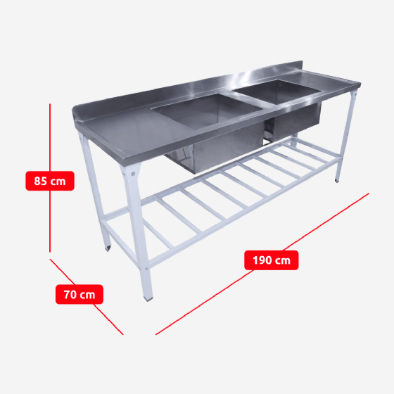Mesa Pia 190 x 70 com 2 Cubas Tampo Inox Pés Epóxi Innal