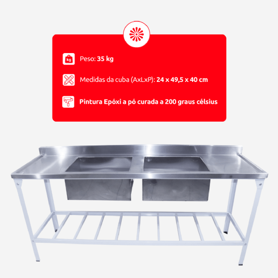 Mesa Pia 190 x 70 com 2 Cubas Tampo Inox Pés Epóxi Innal