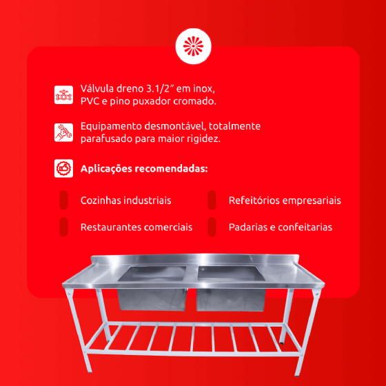Mesa Pia 190 x 70 com 2 Cubas Tampo Inox Pés Epóxi Innal