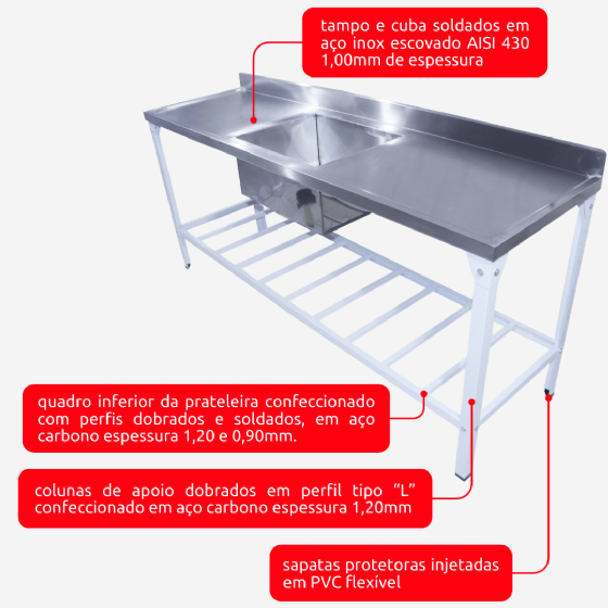 Mesa Pia 190 x 70 com 1 Cuba Inox 430 Innal