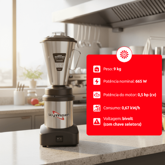 Liquidificador Comercial 02 Litros L2 Baixa Rotação Bivolt Skymsen