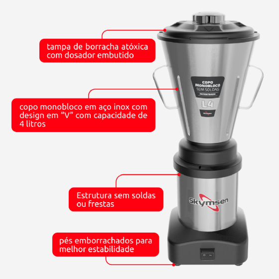 Liquidificador Comercial 04 Litros L4 Baixa Rotação Bivolt Skymsen
