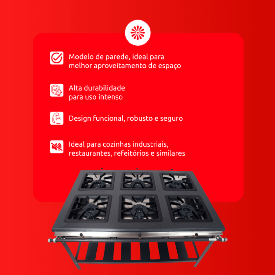 Fogão Industrial 6 Bocas Simples de Parede 40x40 Alta Pressão P10 Metal Brey