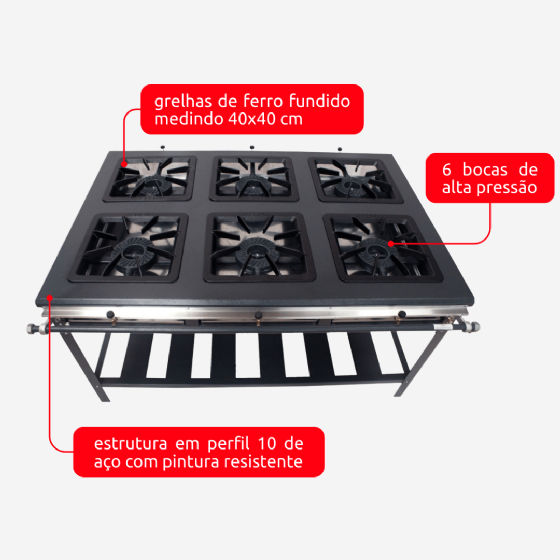 Fogão Industrial 6 Bocas Simples de Parede 40x40 Alta Pressão P10 Metal Brey